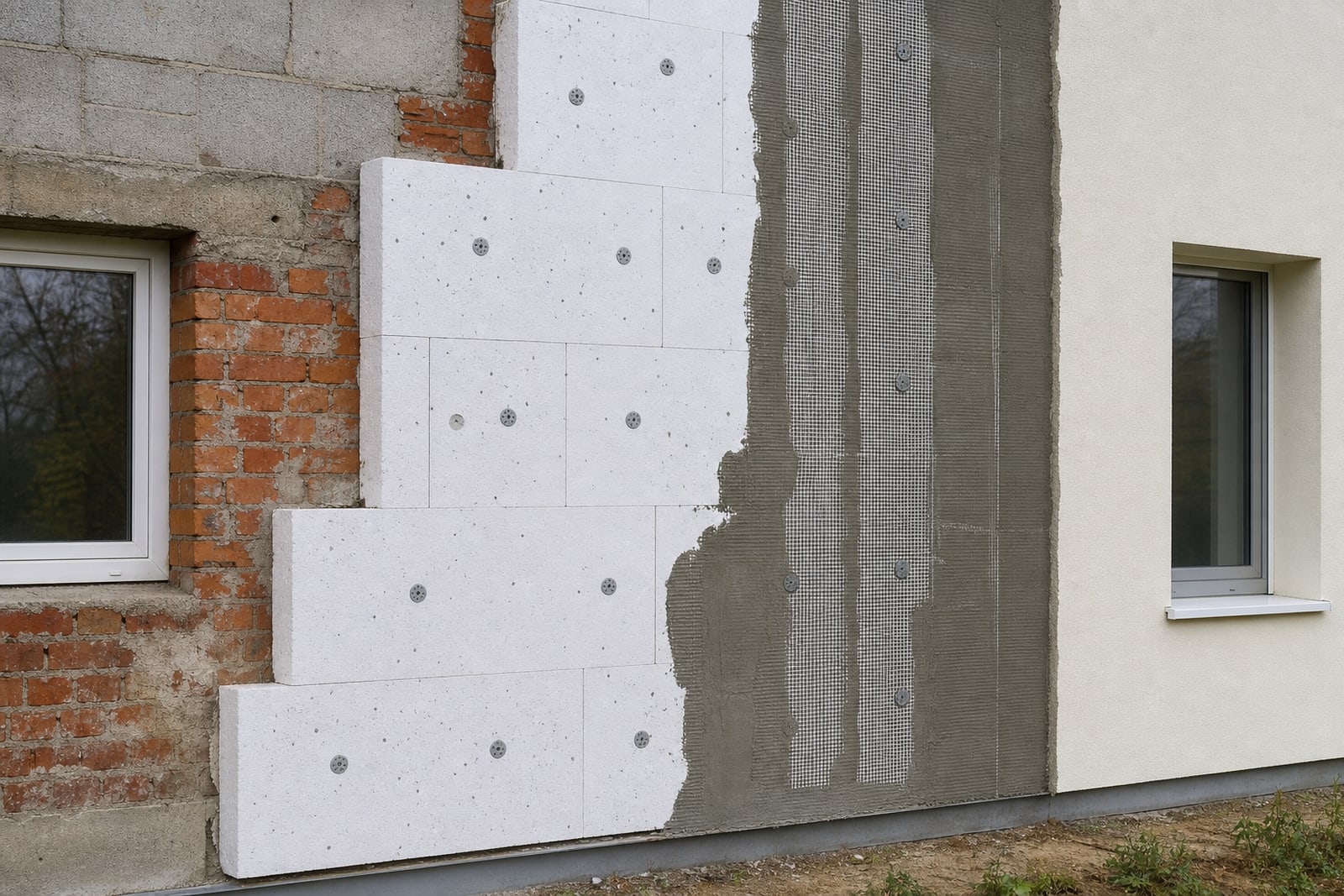 Warstwy docieplenia elewacji: mur, styropian, siatka z klejem i tynk